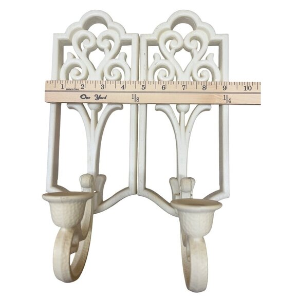 Vintage Homco Ivory Wall Candle Sconces Pair Baroque Scroll Design Plastic 13" - Picture 6 of 6
